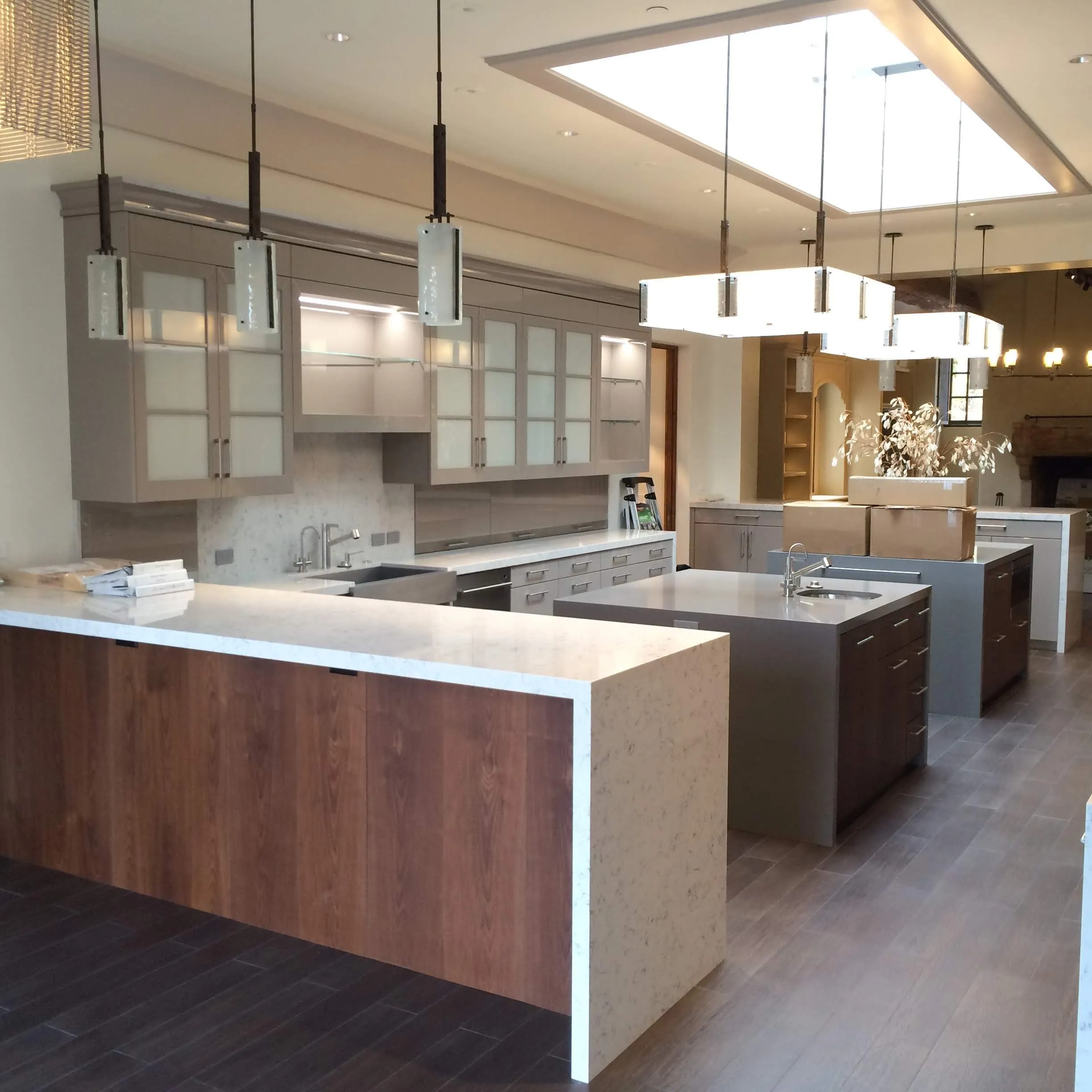 Walnut kitchen under a skylight